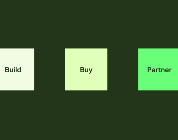 Three boxes outlining the options for businesses when approaching AI adoption - build, buy or partner